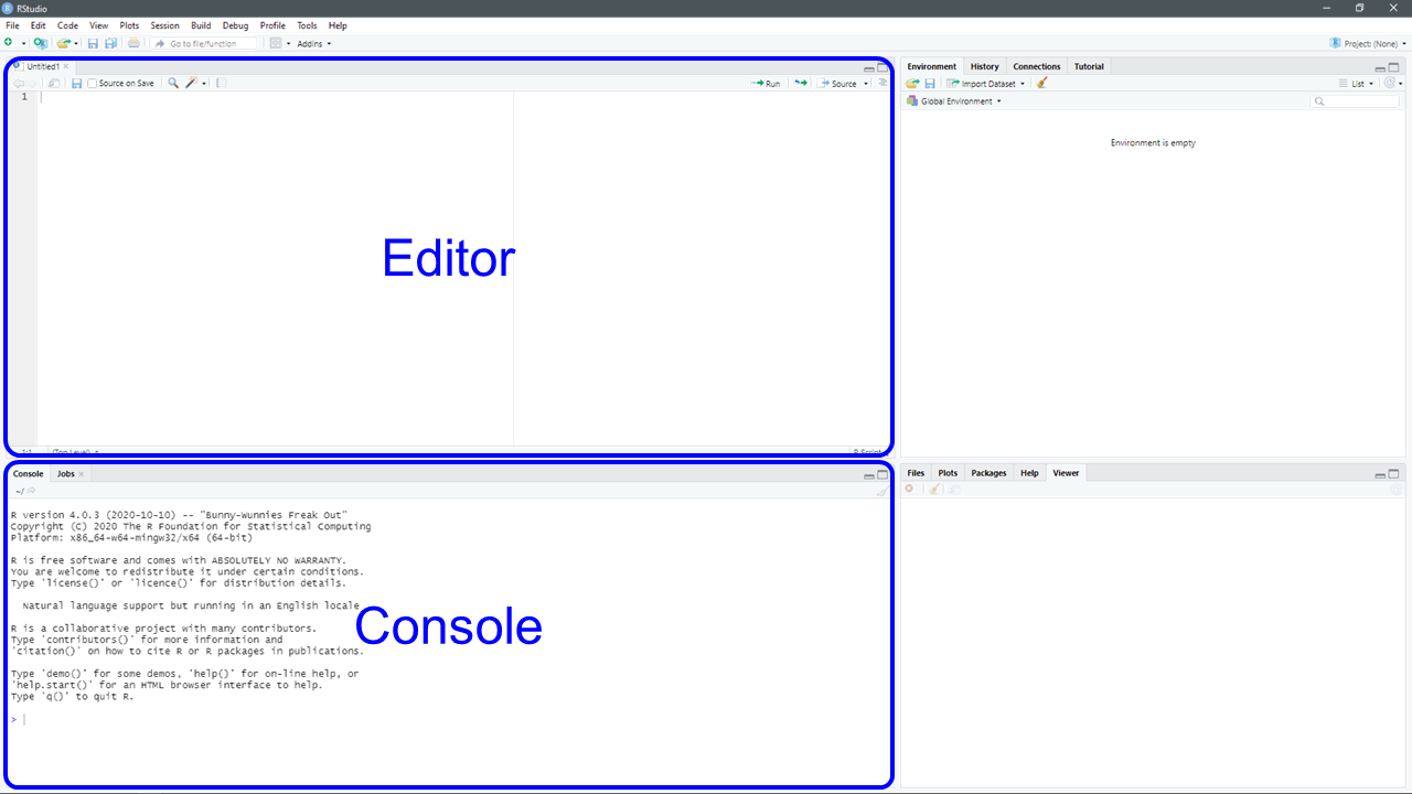 Editor and Console windows in RStudio.